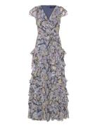 Lauren Ralph Lauren Floral Ruffle-Trim Georgette Gown Blå